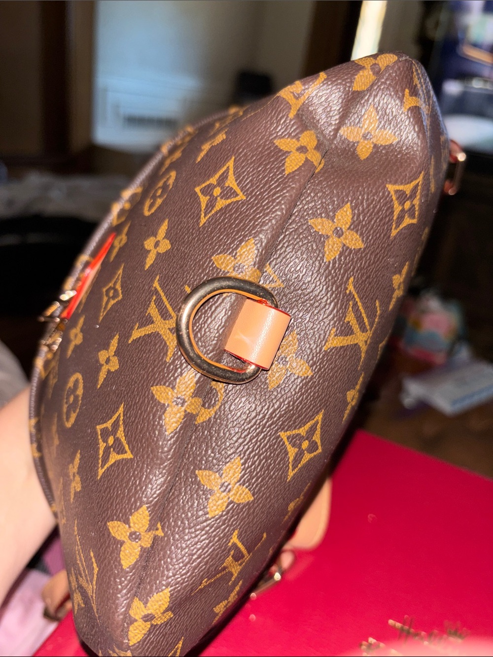 Designer-Inspired Brown Monogram Crossbody Bag with Tan Accents - Picture 6 of 6